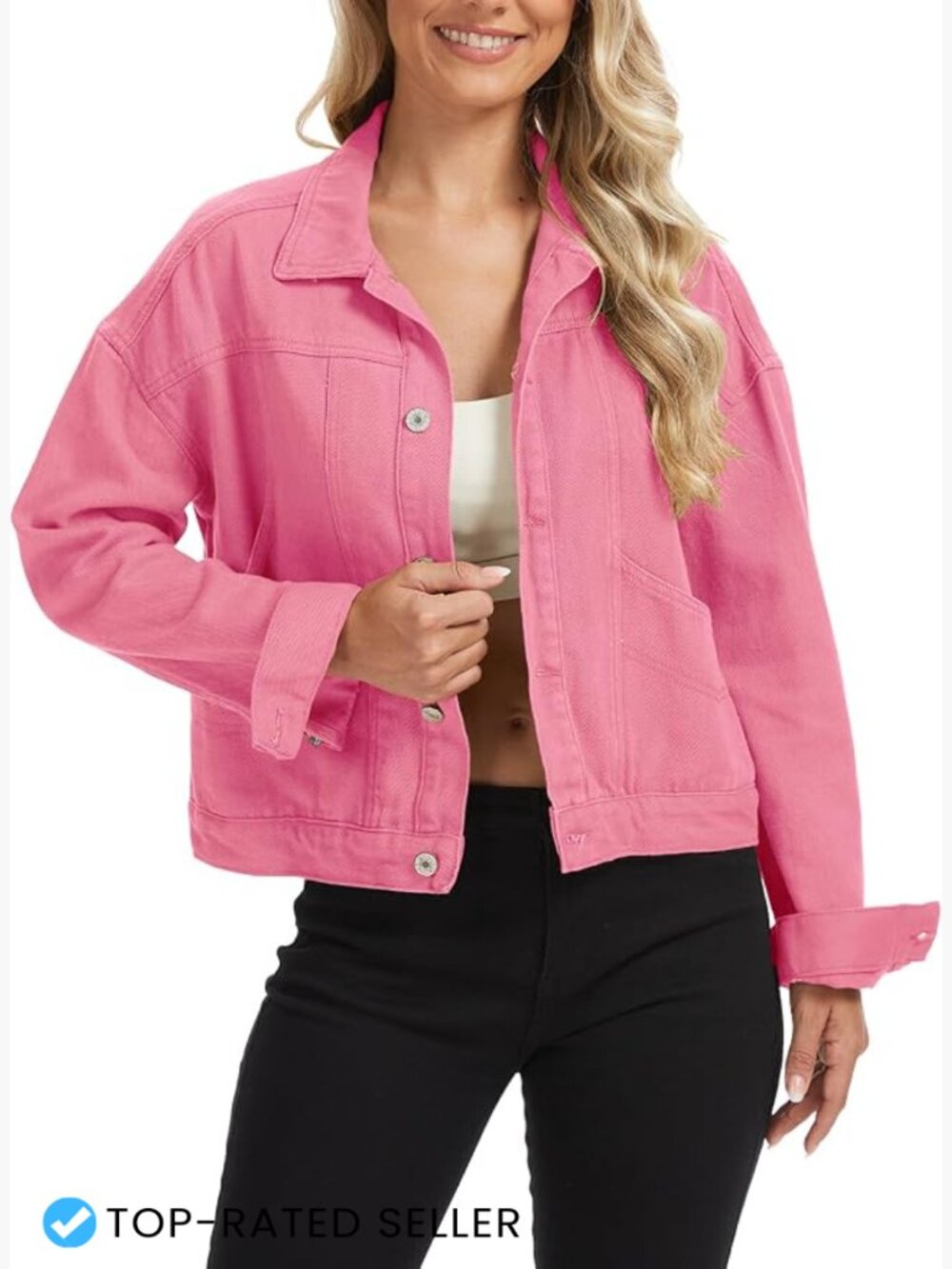 Cropped Denim Jacket Oversized Boxy Fit Button Down Trucker Coat Multi Pockets
